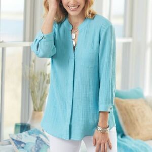 NorthStyle 100% Cotton Gauze Double-Cloth Button Front Blue Tunic Size 1X NWT